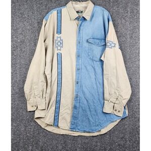 Cumberland Outfitters Western Shirt Men XXL Tan Blue Denim Embroidered Button Up